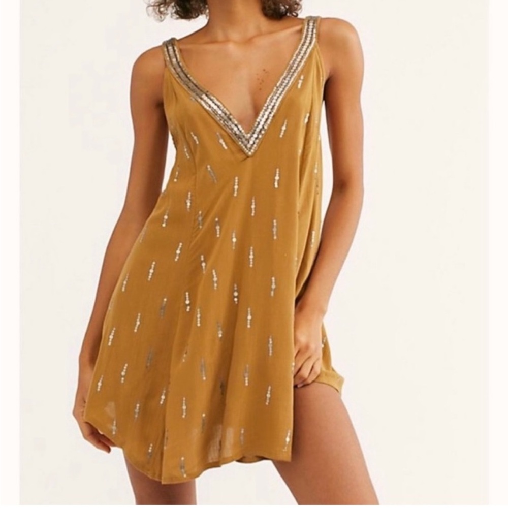 Free People Mustard Gold-Trim Mini Dress